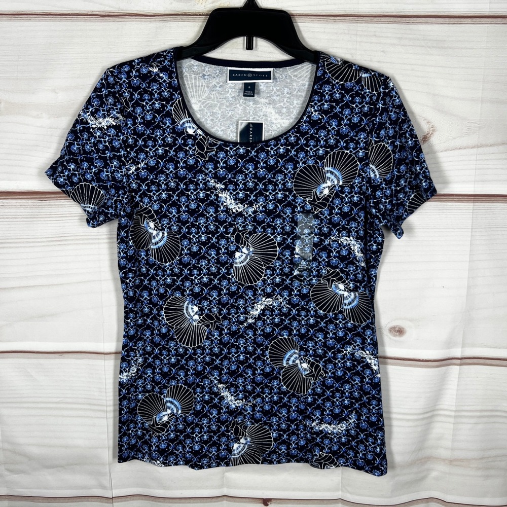 Karen Scott Short Sleeve Top Womens Small Blue‎ Floral Shell Print Crew Neck